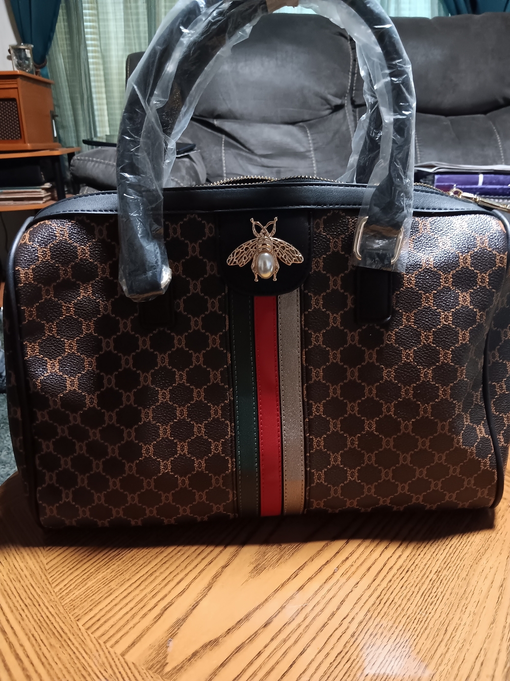 Brown Patterned Satchel with Red & Green Stripe and Bee Accent